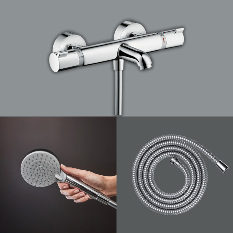 Pack mitigeur bain thermostatique HANSGROHE Ecostat Comfort + Flexible Metaflex 1,6m + Pommeau Vernis Blend EcoSmart 2 jets chromé - 2