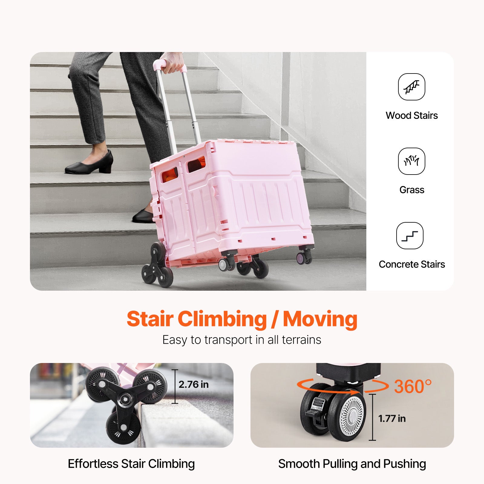 Carrinho utilitário dobrável,SucceBuy carrinho portátil dobrável rodinhas 65 L. Equipado com rodízios para subir escadas e rodízios giratórios 360° - 4