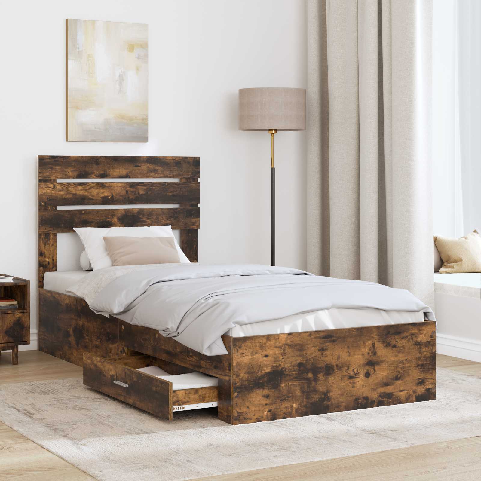 Cadre de lit chêne fumé 90 x 190 cm en panneau de bois - 3