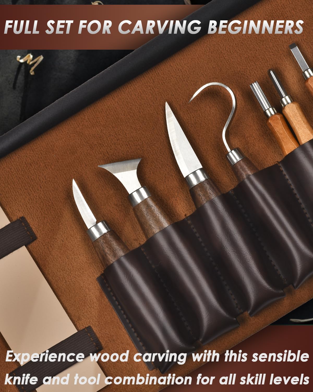 Kit de sculpture sur bois avec ciseaux à bois : Ensemble professionnel de sculpture sur bois, 25 outils à main de luxe avec étui en cuir - 2