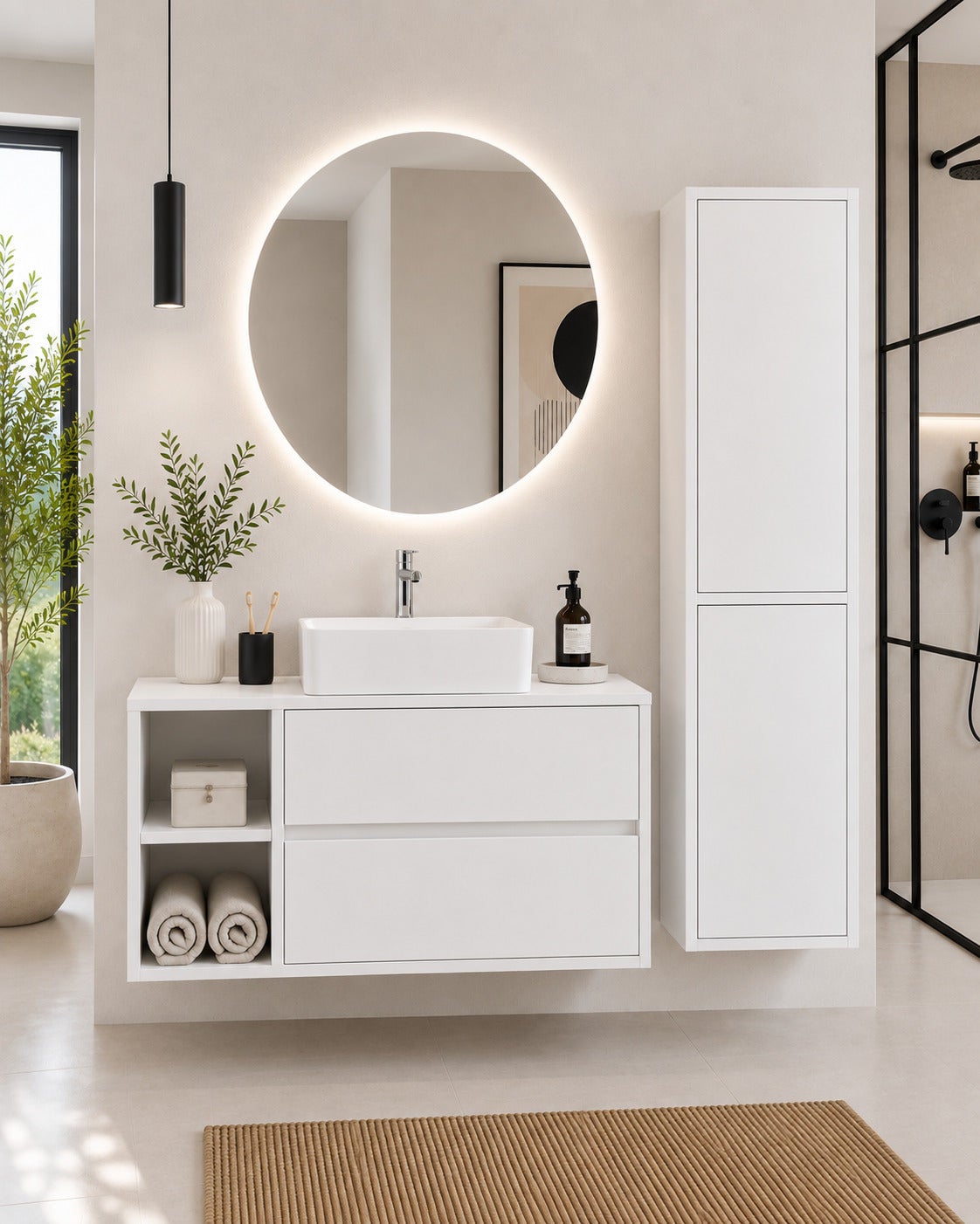 Mobilier de baie con encimera de madera y lavabo sobreencimera ORIGENBATH ZEUS fără oglindă 80x45 cm Stânga Blanco cu coloană