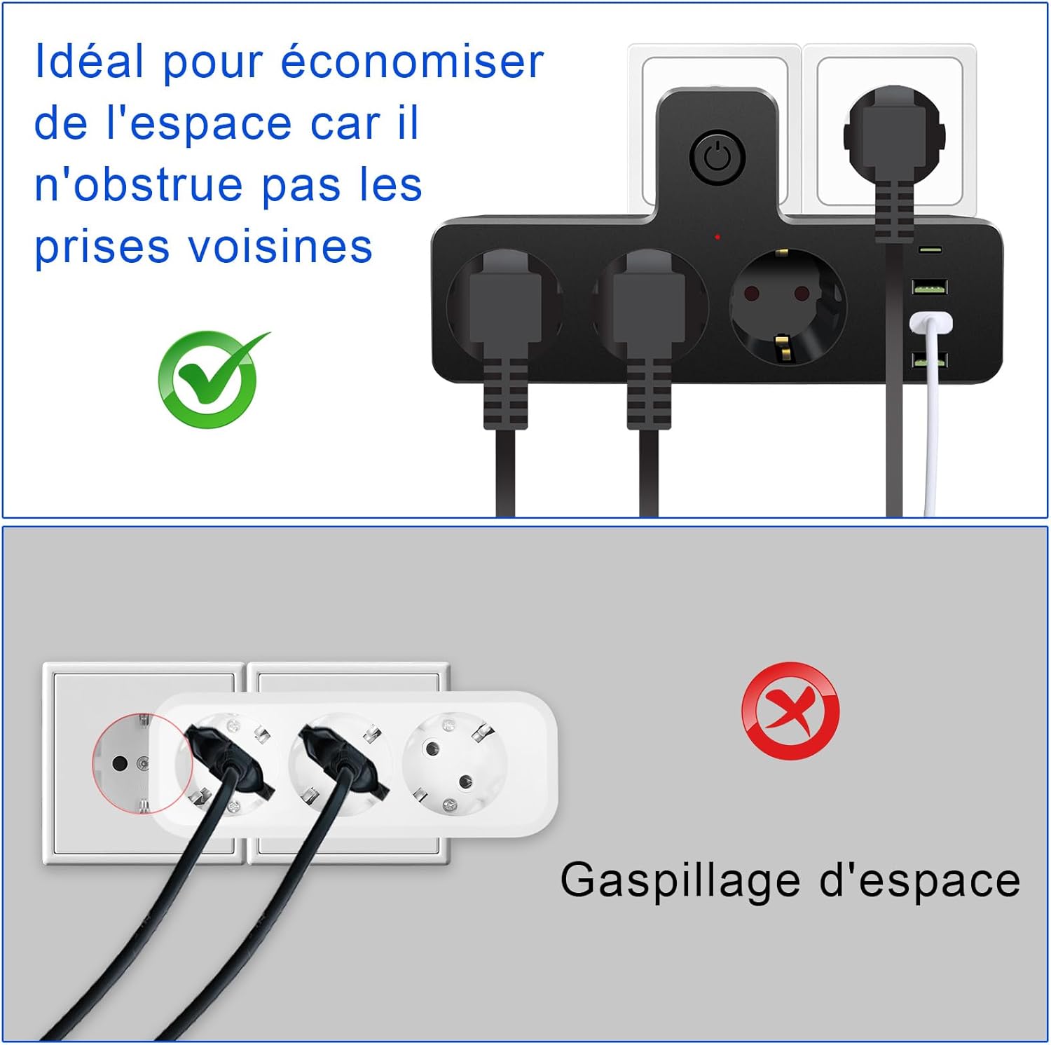 Multiprise murale, Multiprise avec interrupteur, 3 USB et 1 Type C, Multiprise 7 en 1, Multiprise USB, Multiprise noire, pour la maison et le bureau - 4