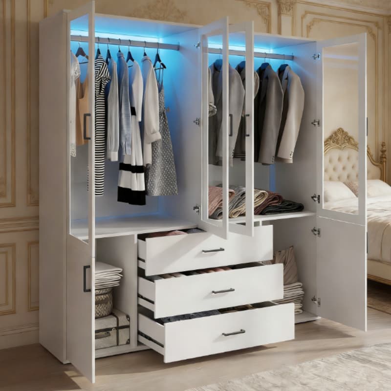 Armoire 160 cm avec 4 Portes Vitrées et 3 Tiroirs, Éclairage LED Intégré, Espace de Rangement Spacieux, Design Moderne Blanc - 3