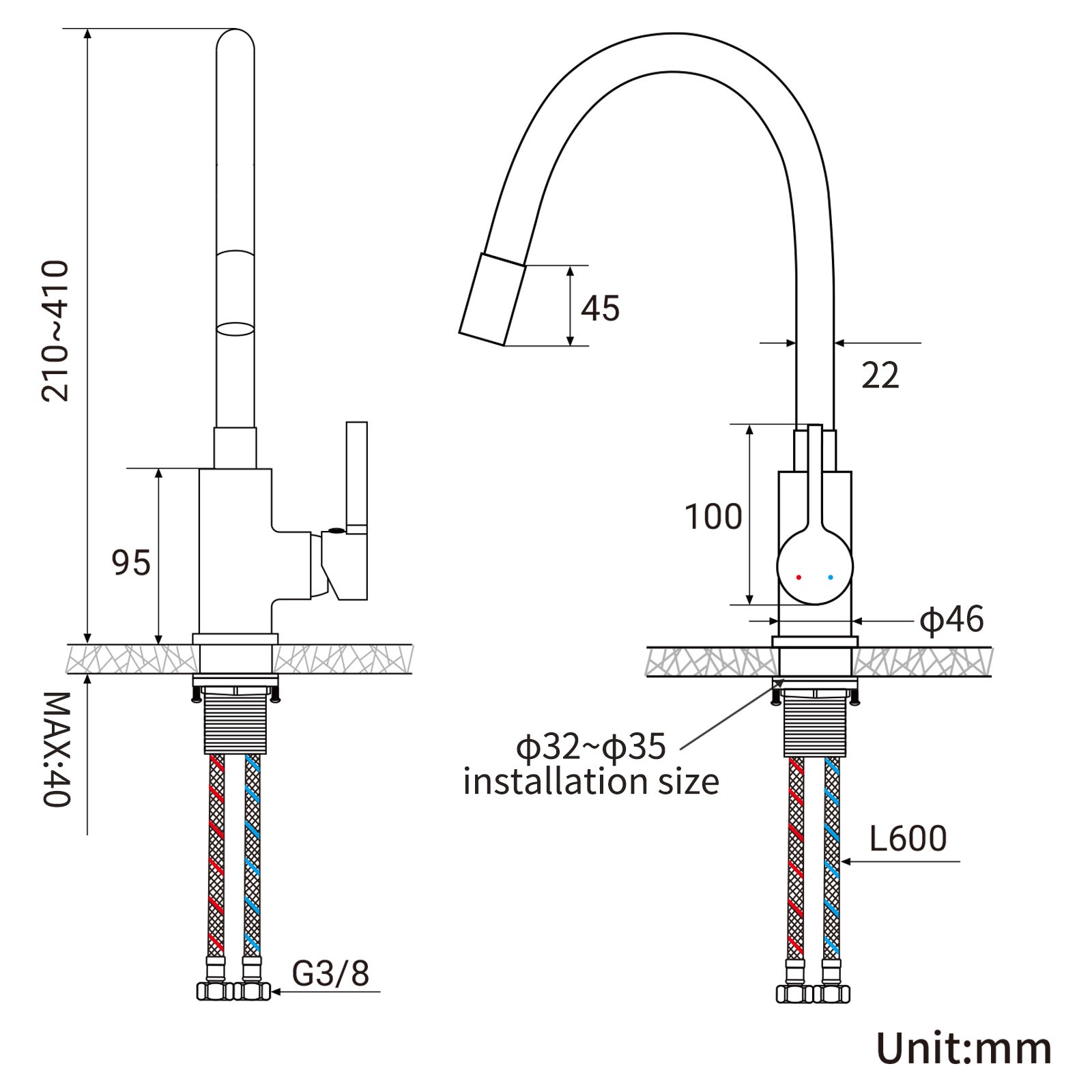 Mitigeur Cuisine Noir Flexible Bec Haut Orientable Librement Robinet Évier Laiton Mémoire de Forme Robinet Evier Monotrou Eau Chaude/ Froide - 6
