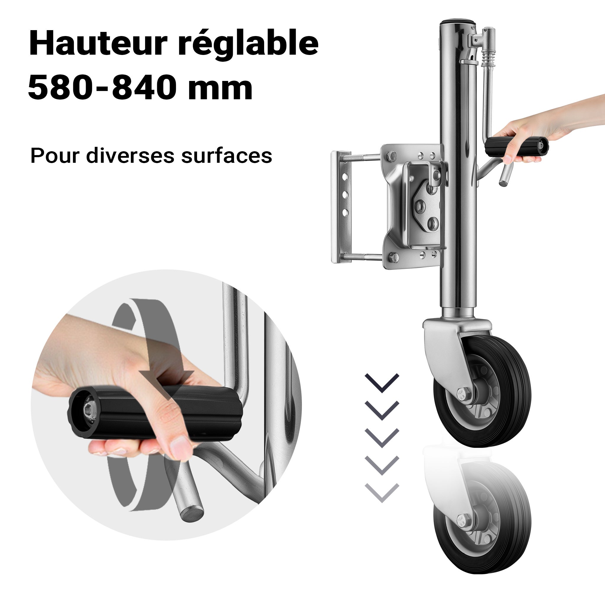 Roue jockey Charge lourde – Capacité max. 540 kg – Hauteur de levage max. 260 mm – en Acier galvanisé – avec Manivelle – Roulette avant… XPOtool - 4