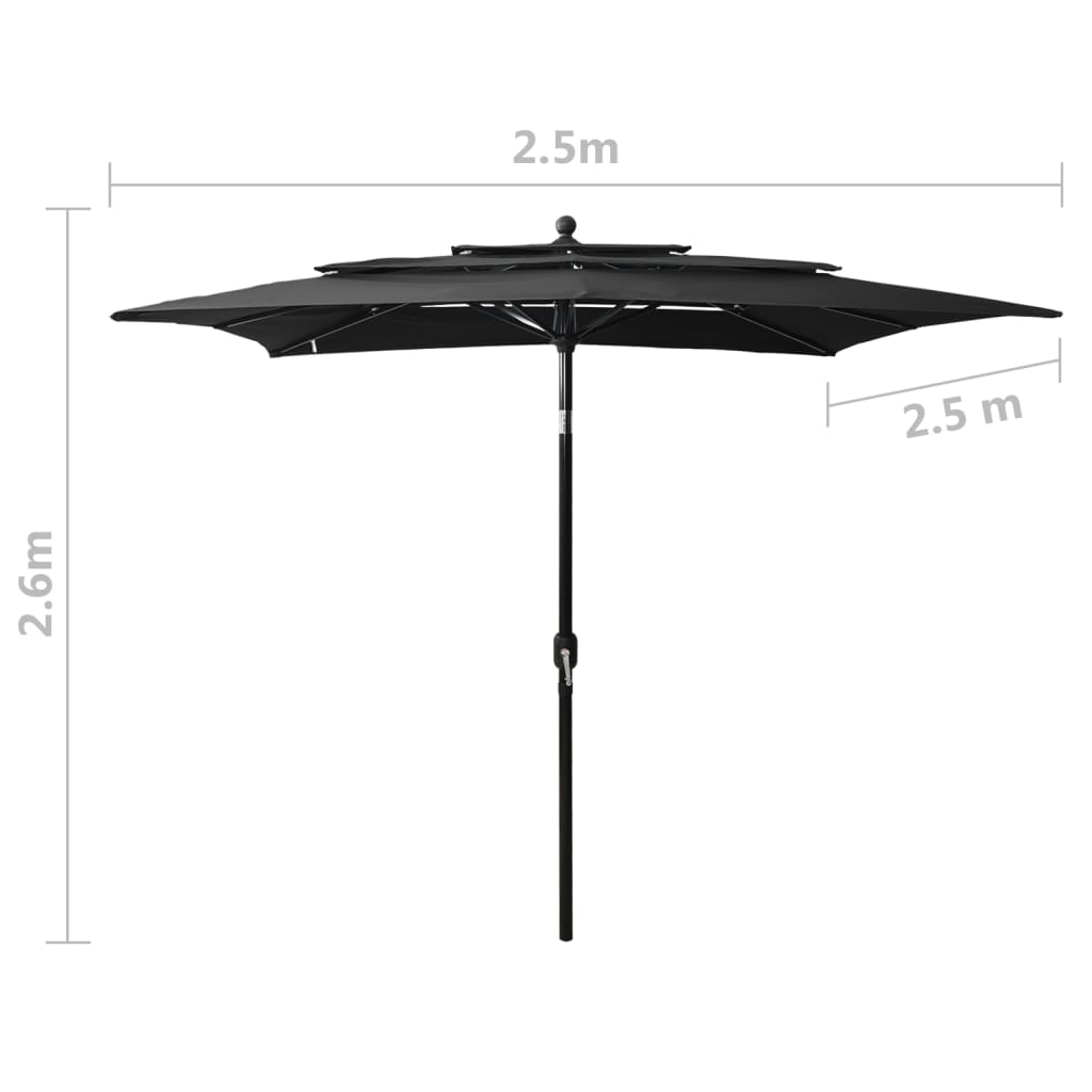 Parasol à 3 niveaux avec mât en aluminium Noir 2,5x2,5 m - 8