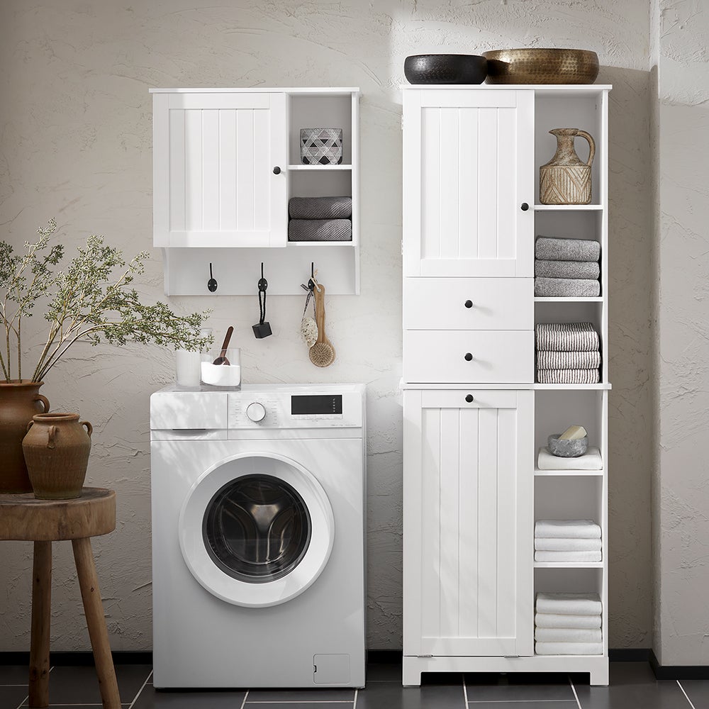 SoBuy Columna de Baño, Armario Alto con 2 Puertas y 2 Cajones, 6 Estantes y 1 Cesto para Ropa, Blanco, BZR104-W - 2