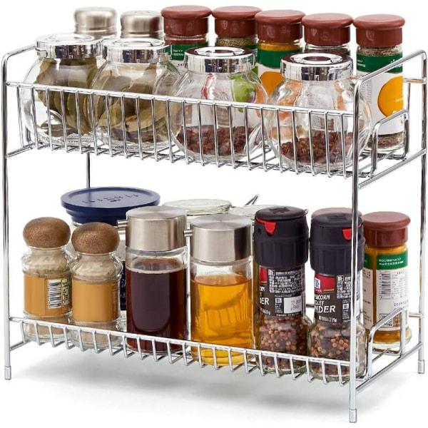 Étagère à épices 2 Niveaux Bois Et Acier - Rangement Cuisine Gain De Place Pour épices, Tasses, Café (plan De Travail)