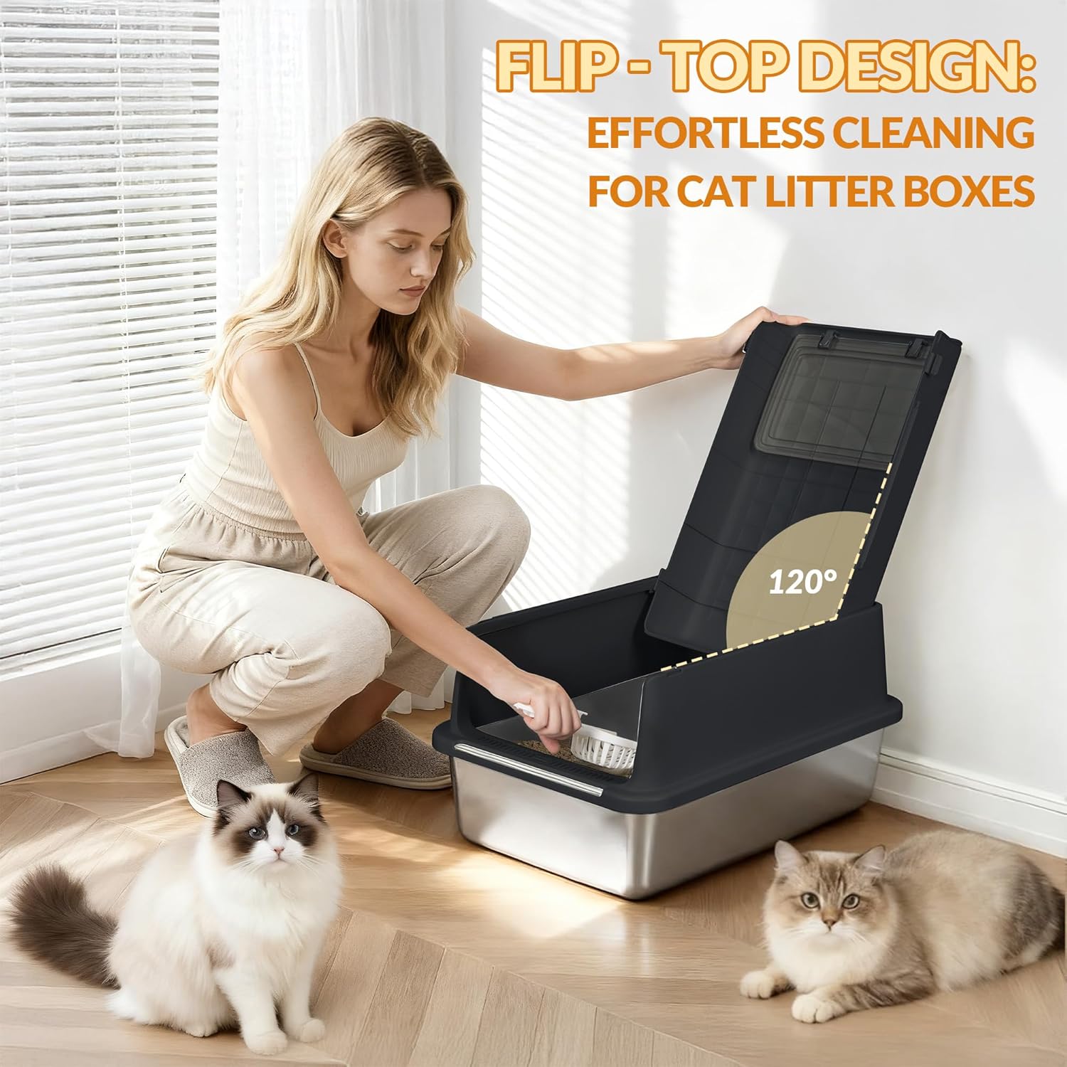 Caixa de areia para gatos em aço inoxidável com tampa, tabuleiro para areia para gatos, com pá e degrau, tampa articulada a 120°, preta. - 2