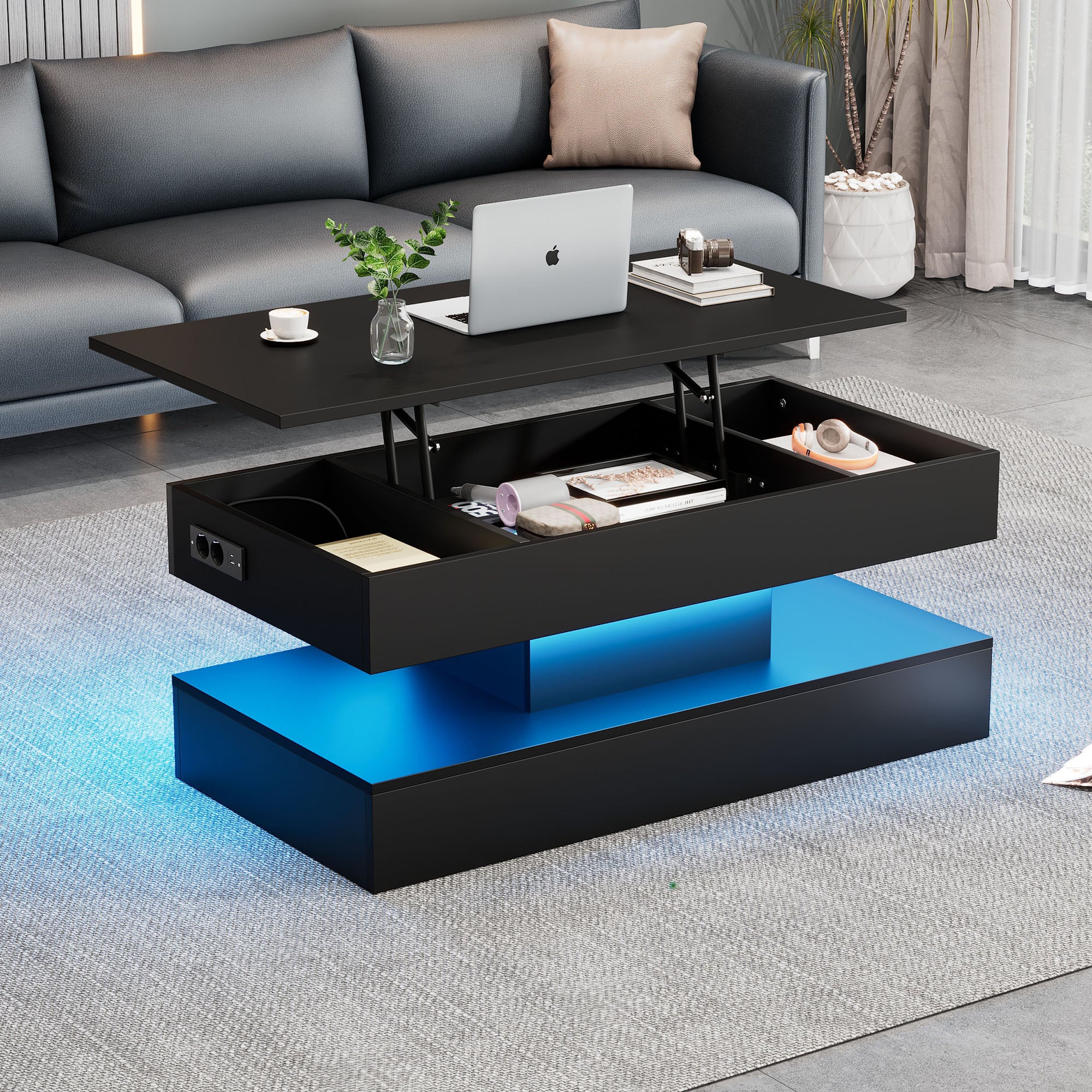 Table basse relevable avec prises USB et cahrge - 100 x 50 x 42 cm - LEDs - Panneau de particules - Noir - 2