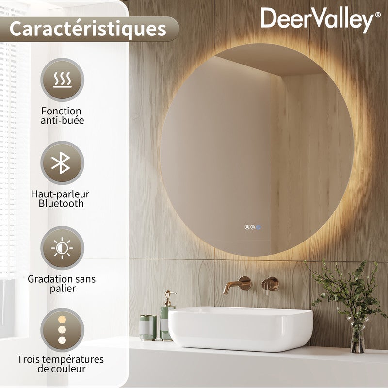 Miroir de Salle de Bain LED Rond DeerValley 80x80cm - Rétroéclairage Dimmable, Antibuée, Incassable, Bluetooth, 3 Températures - 3