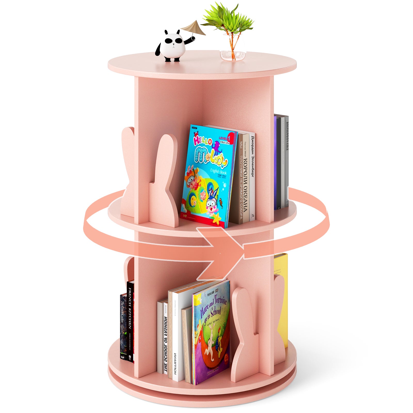 Biblioteczka dla Dzieci, 65 cm, 2 Poziomy z Klapkami w Kształcie Króliczka/Misia, 8 Przegródek, Regał na Książki Obracany o 360°, Kolor Różowy