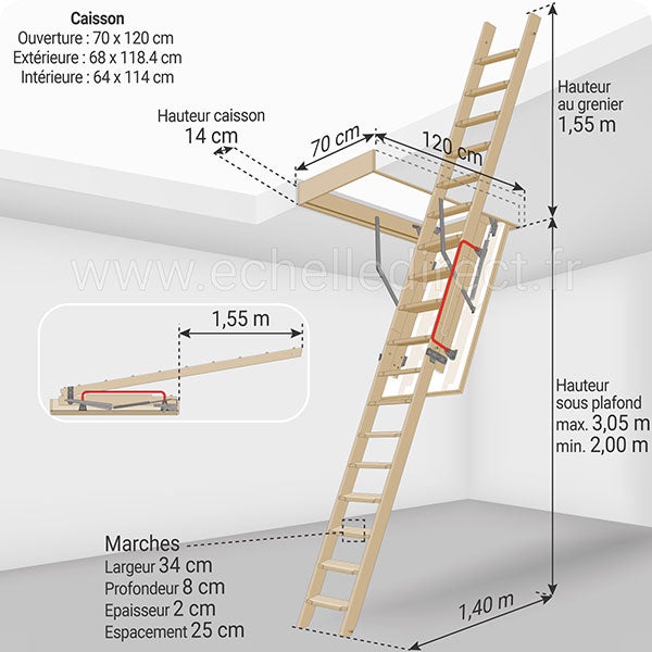 Echelle escamotable bois - Trémie de 70 x 120cm - Hauteur de 2.05 à 3.05m - LDK70120/305 - 2