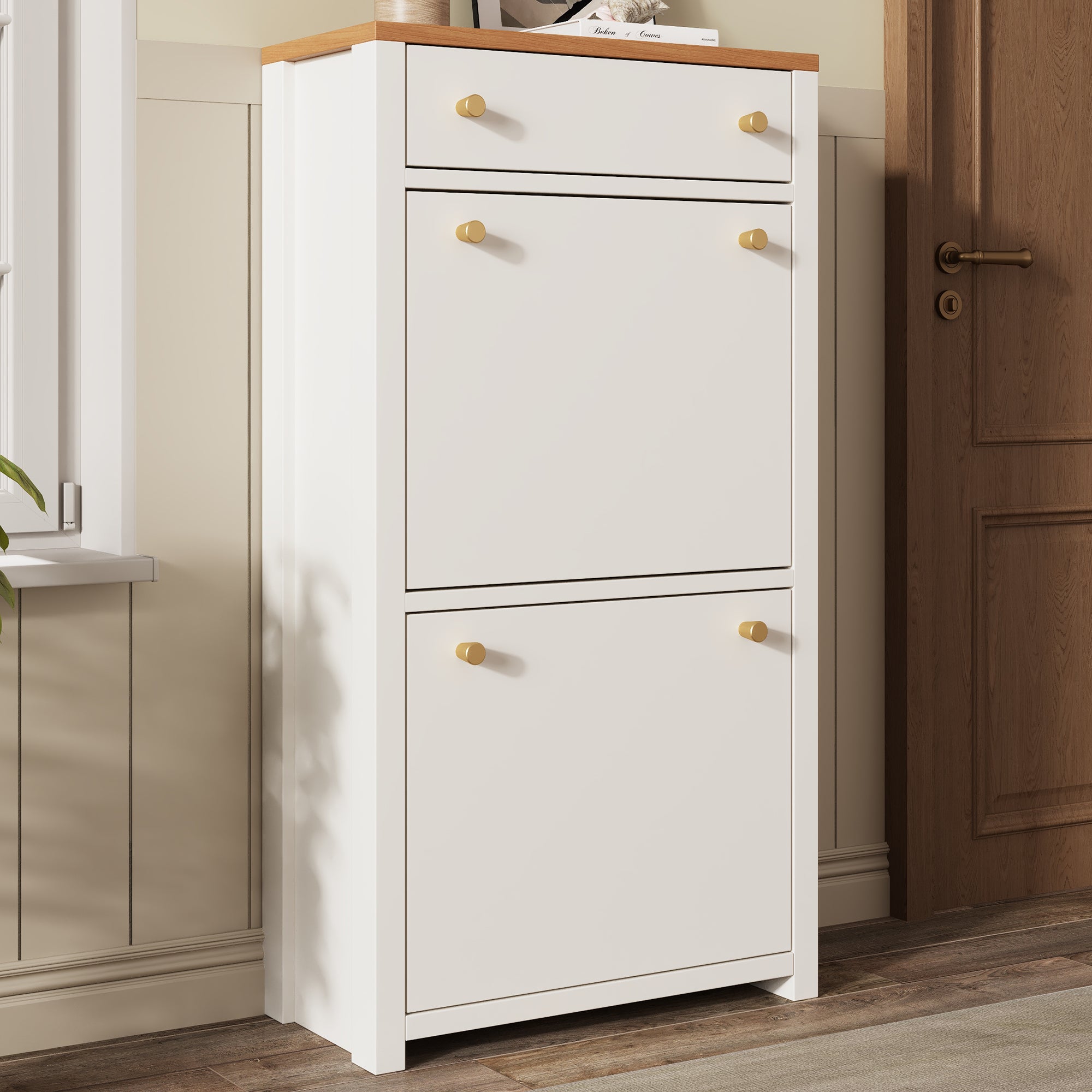 Szafka na buty z 2 drzwiami opuszczanymi, szufladą i regulowanymi półkami – MDF – 50 x 25 x 95 cm – imitacja białego drewna - 6