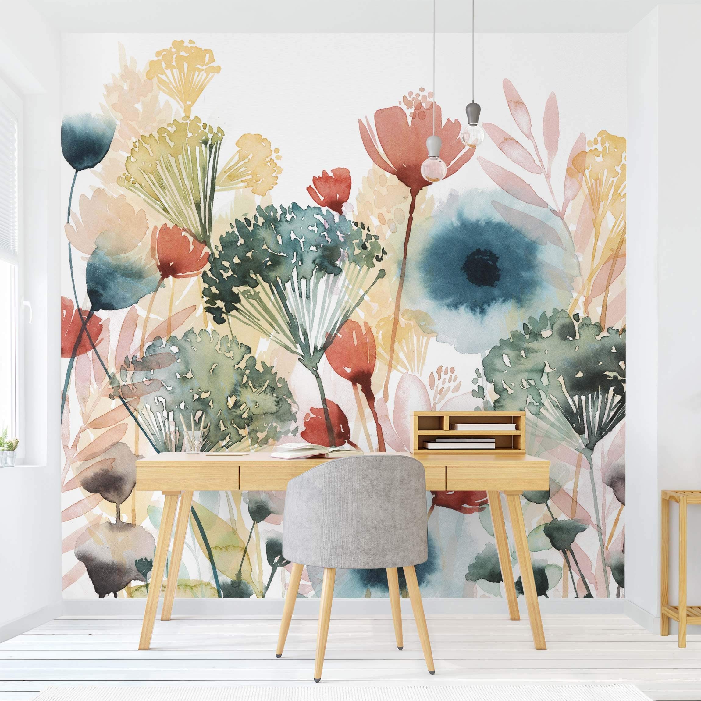 Papel pintado fotomural acuarela flores arte rústico 181 - salón dormitorio cocina pasillo - tnt 240 x 240 cm premium