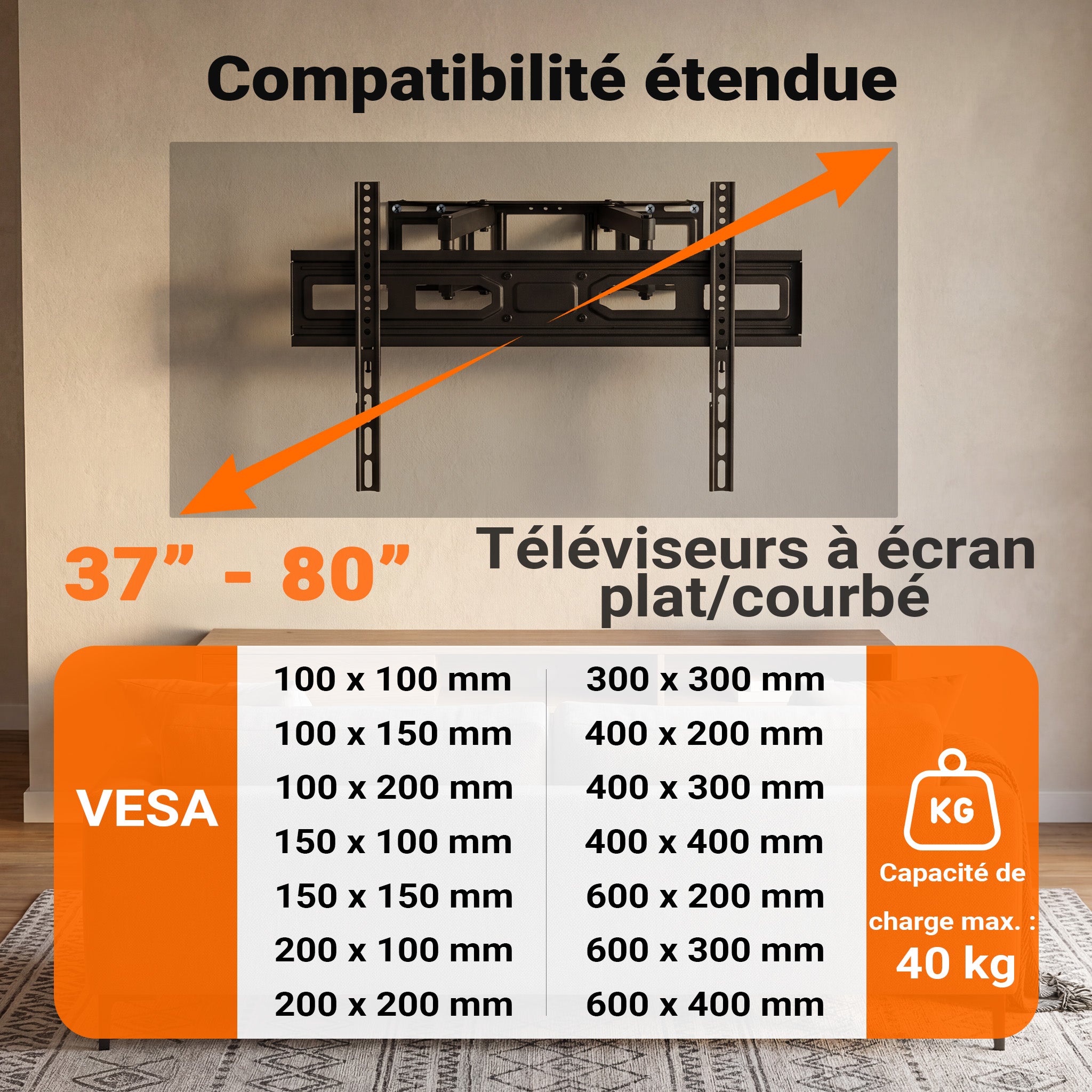 Support TV mural Écrans 37 à 80 pouces Bras pivotant 120° Inclinable Rotatif Dispositif Support Orientable Toboli - 4