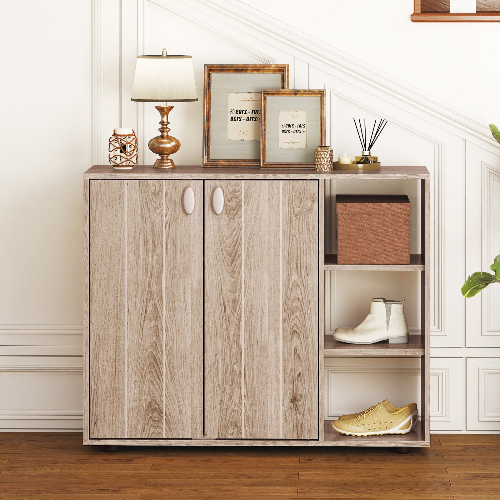 Meuble à Chaussures avec Portes, Range-Chaussures à 3 Niveaux avec Étagères Ouvertes Réglables, pour Entrée, Salon, Placard, 80 x 31 x 64,5 cm, Nature - 8