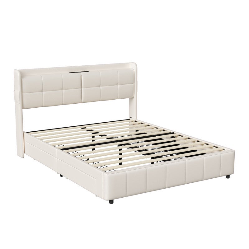 Lit rembourré 160 x 200 cm, Lit double avec USB et tête de lit, Cadre de lit avec sommier à lattes, sans matelas, beige - 6