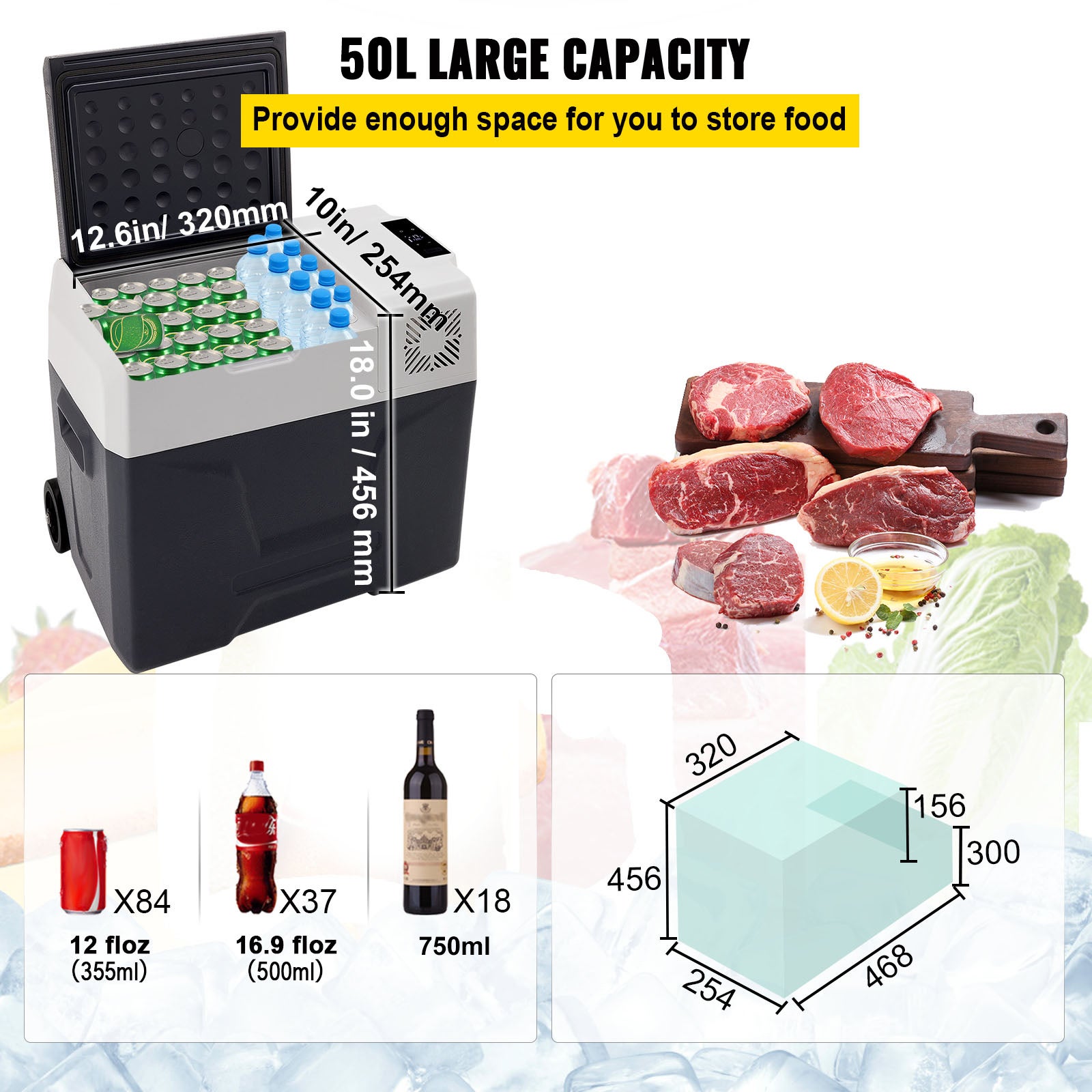 Réfrigérateur voiture SucceBuy 50L / 52,8QT,congélateur portable -4℉ à 68℉,zone unique avec roues et poignée,refroidisseur pour camping extérieur - 5