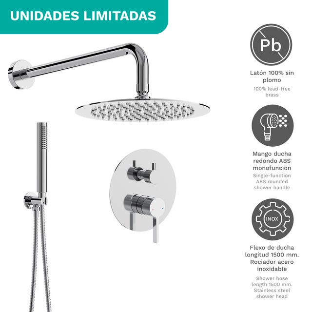 Set doccia da incasso Len Chrome finitura cromata, cartuccia in ceramica, materiale inox AISI 304, rubinetto bagno moderno