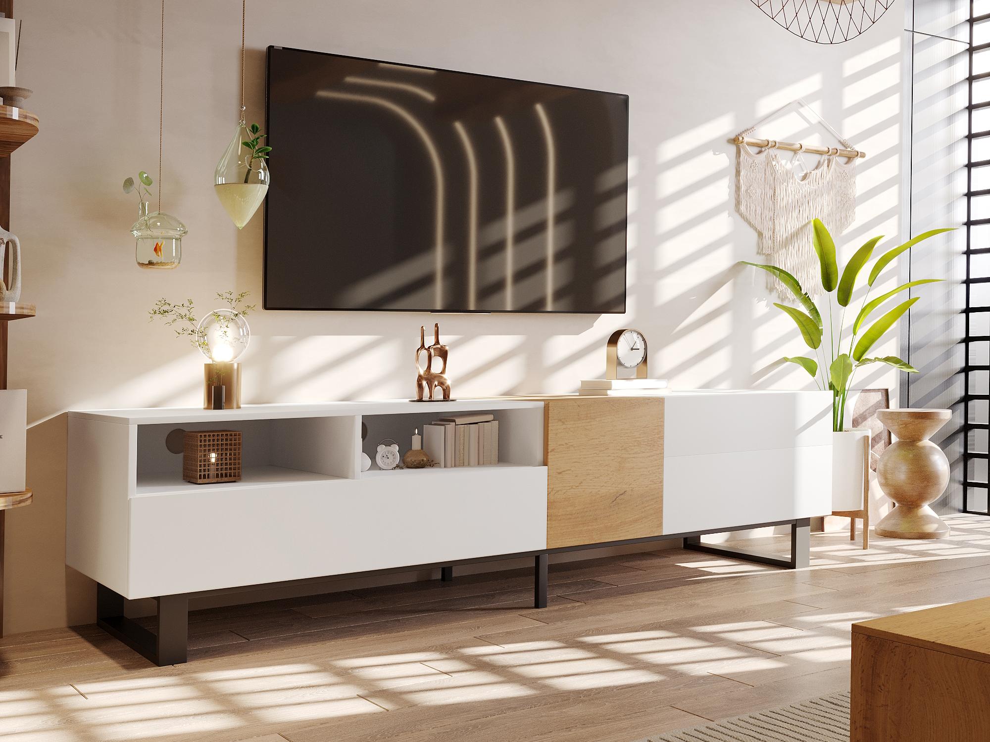 Modernluxe  Mueble Tv 180 Cm, Con 2 Cajones Y 5 Compartimentos, En Mdf, Y Natural Blanco , Leroy Merlin