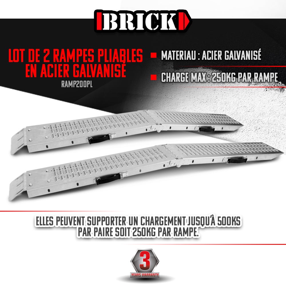 Lot de 2 rampes pliables en acier galvanisé 160cm - Charge max 500 kg/paire - Brick - 2