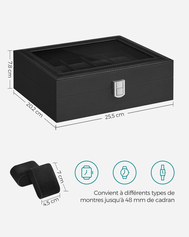 Boîte à Montres à 10 Emplacements, Écrin, Couvercle en Verre, Coussinets Amovibles, Serrure en Métal, Revêtement en Noir et Doublure en Noir - 5