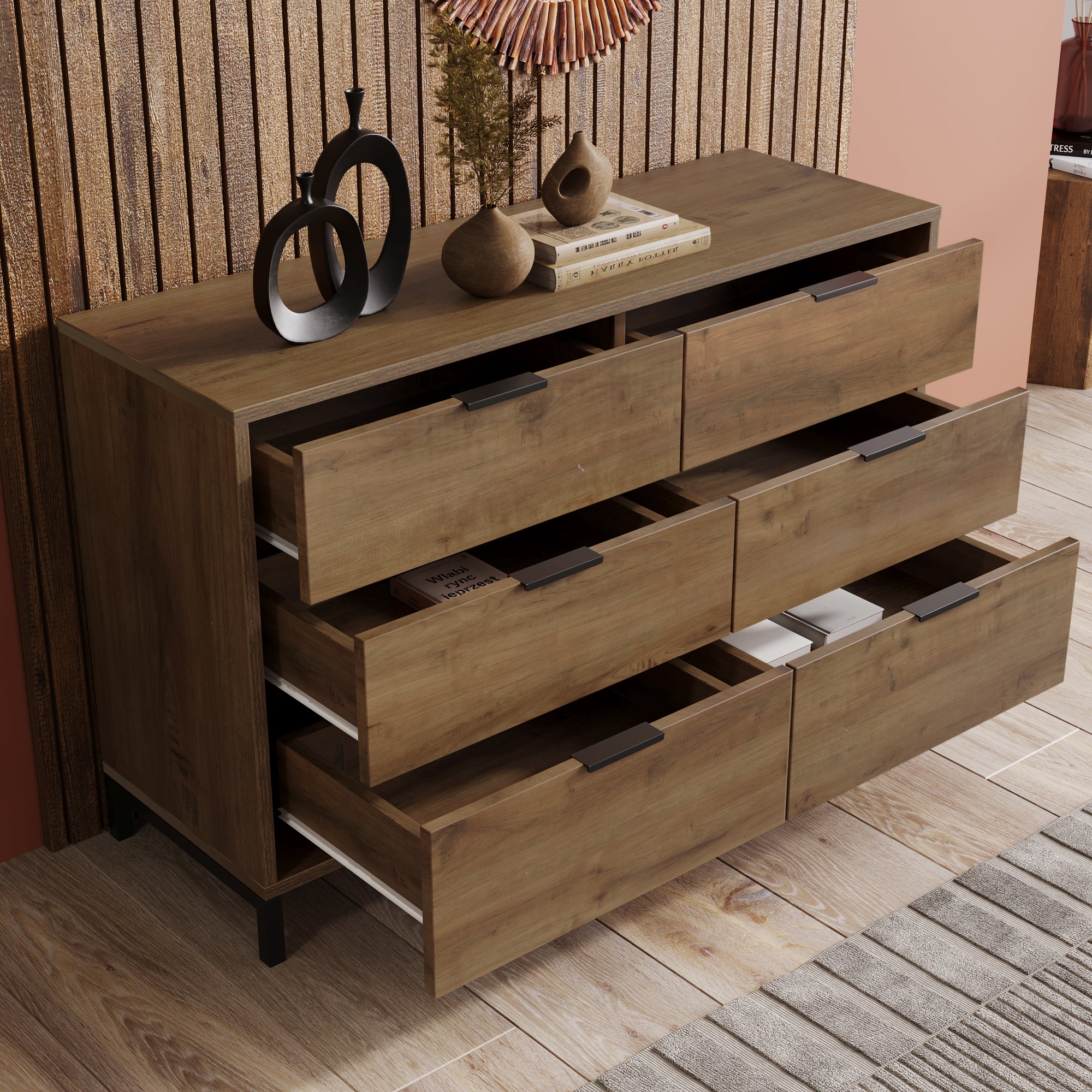 Commode avec étagères réglables- 6 tiroirs - Naturel - 3