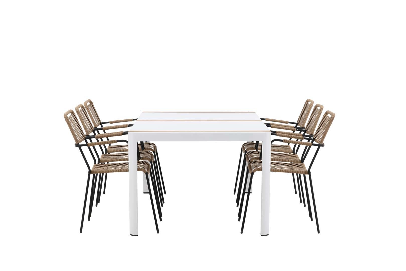 Togo zestaw ogrodowy stół 100x200cm biały, 6 krzesła Lindos brązowy.