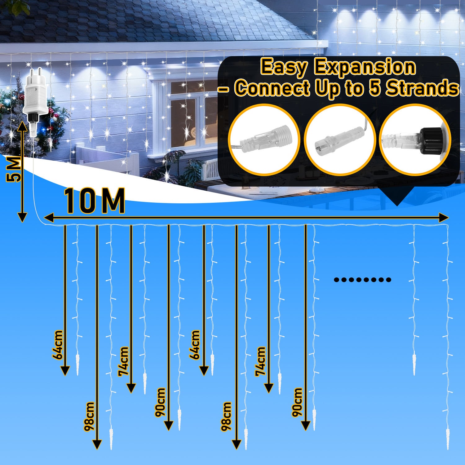 2x 10M 720 LED Guirlande lumineuse Rideau, IP44 8 Modes, LED Glaçons Décoration de Noël - Blanc Froid - 2