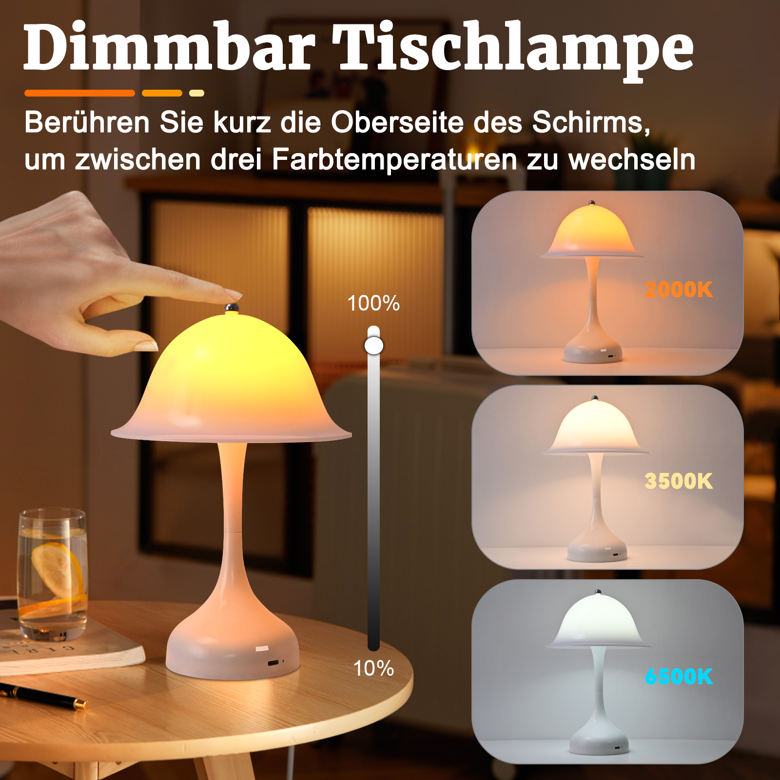 ZMH Lampa stołowa, lampka nocna, LED, ściemnialna, ładowana przez USB, do sypialni - 4