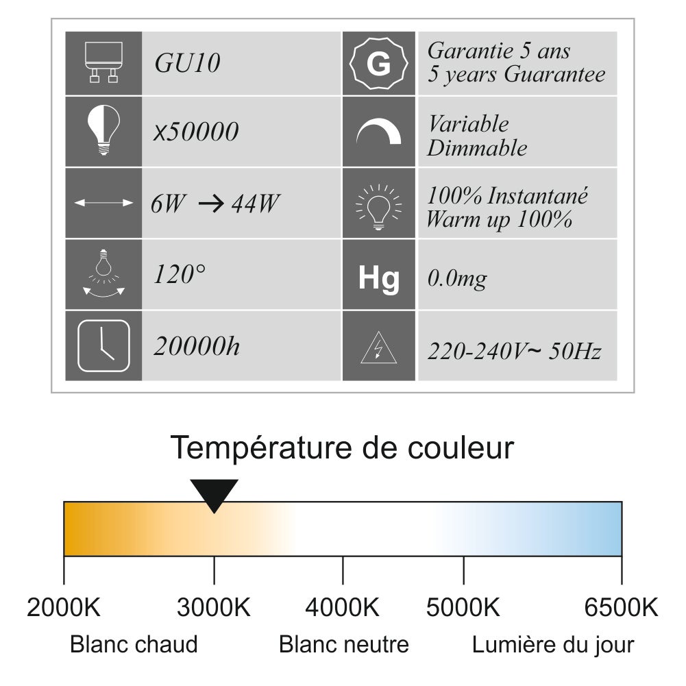 Lot de 10 ampoules LED Dimmable GU10 6W 540Lm 3000K - garantie 5 ans - 3