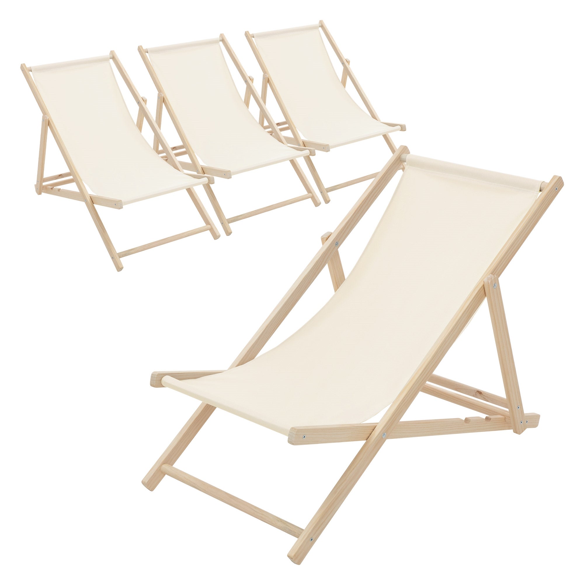 ECD Germany 4x składany leżak drewniany beż 3 pozycje odchylenia do 120 kg leżak ogrodowy relaksacyjny plażowy składany na taras ogród