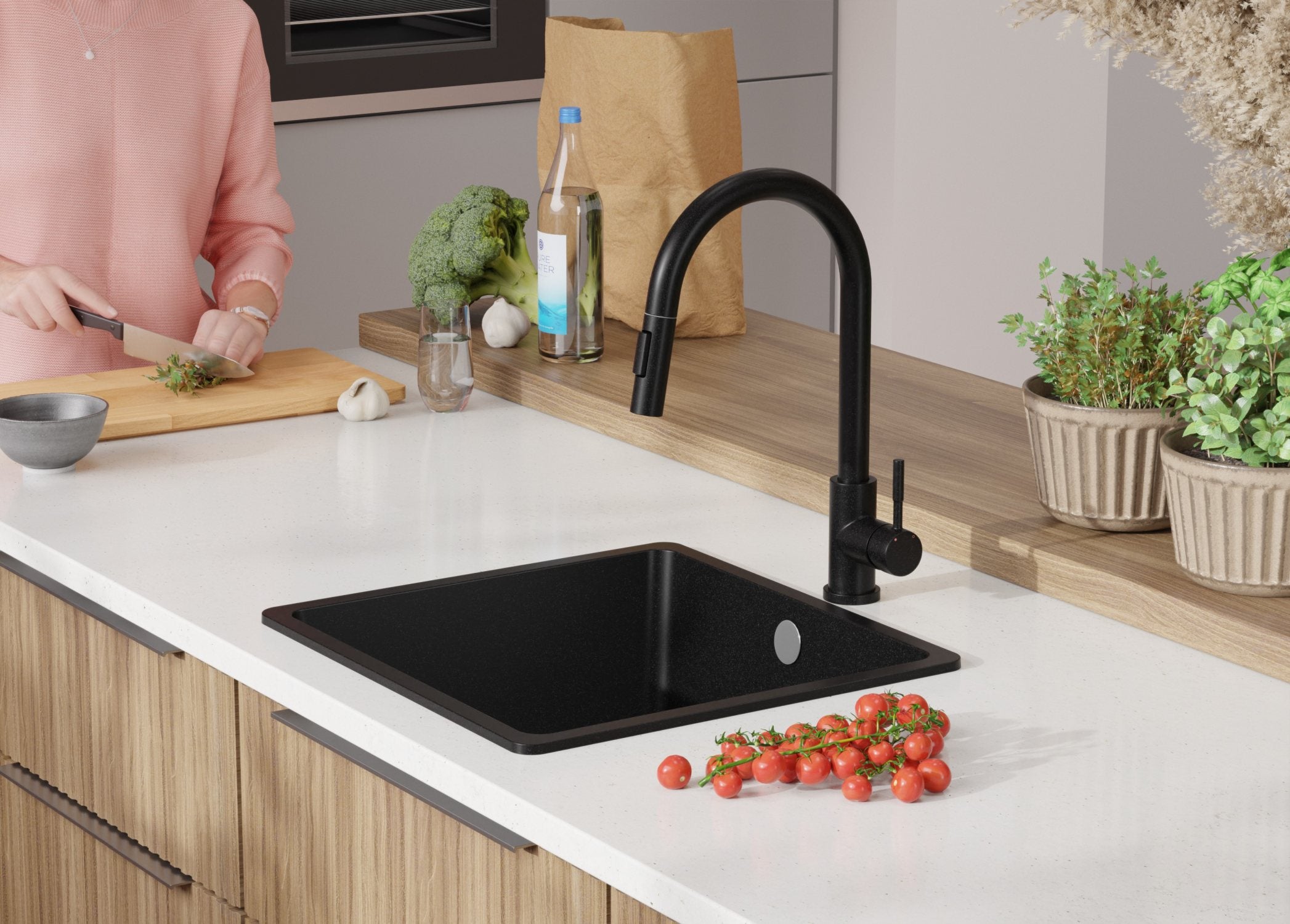 Lavandino da Cucina Tutto Nero 46x44cm, Lavello in Granito a 1 vasca + Sifone Classico + Accessori, Lavabo da Cucina Incasso al mobile 50cm PRIMAGRAN - 9