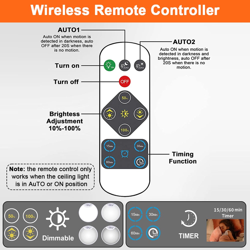 Plafonnier à piles, lumière LED avec détecteur de mouvement, pour cuisine, chambre, salle de bain, couloir, garage, avec télécommande - 6