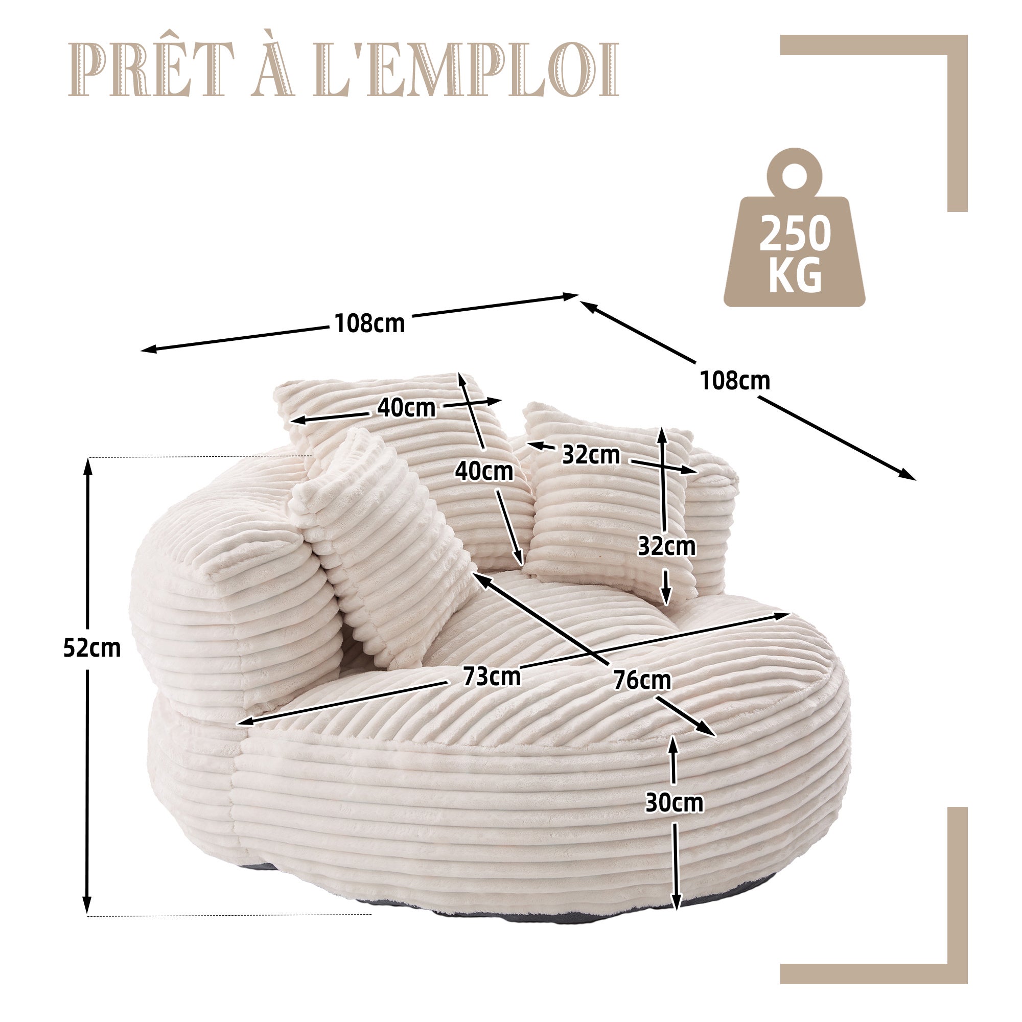 Fauteuil poire en velours côtelé, grand modèle, ultra moelleux, 3 coussins inclus, confortable pour adultes et enfants - Soufflé - 8