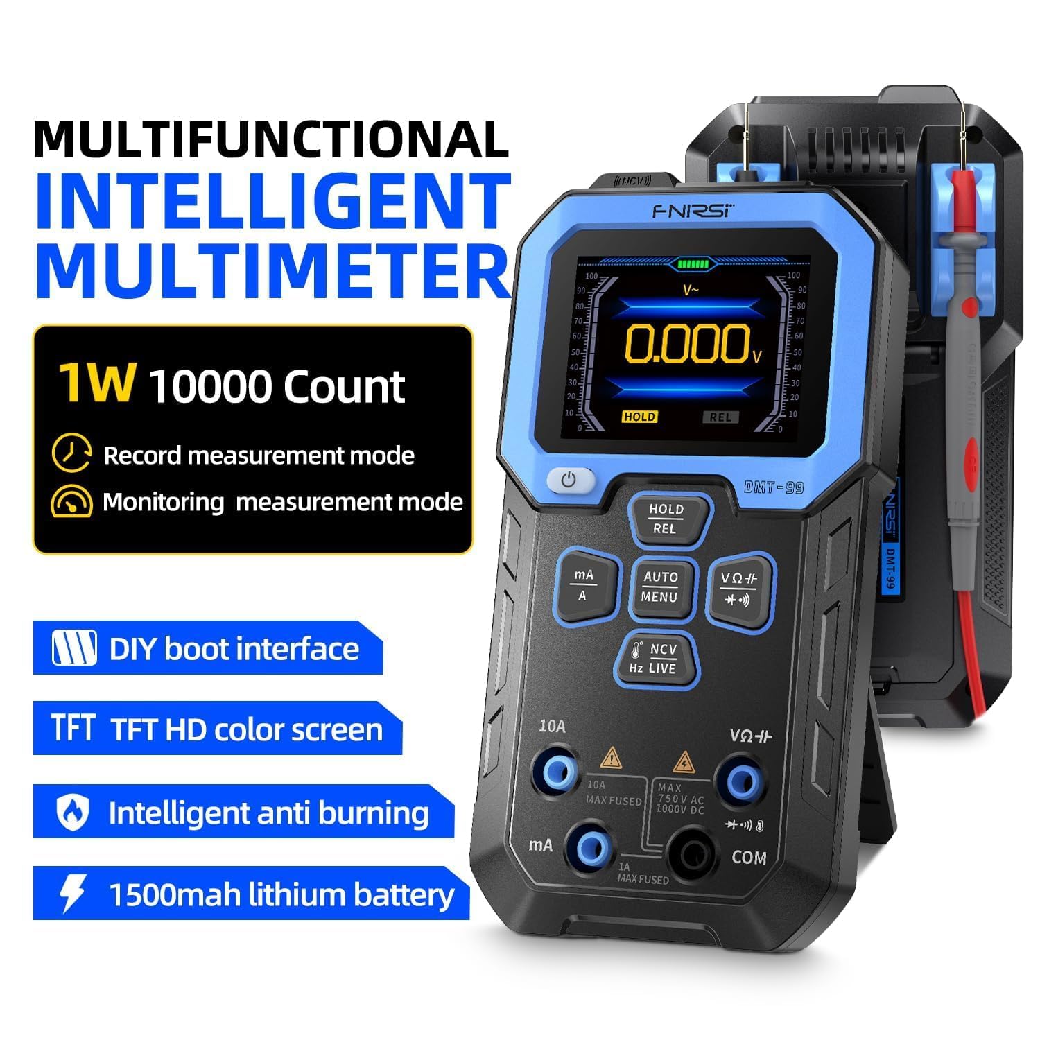 Multimètre numérique DMT-99 9999 points TRMS, voltmètre rechargeable à plage automatique avec résistance d'enregistrement, capacité, diode, NCV - 4