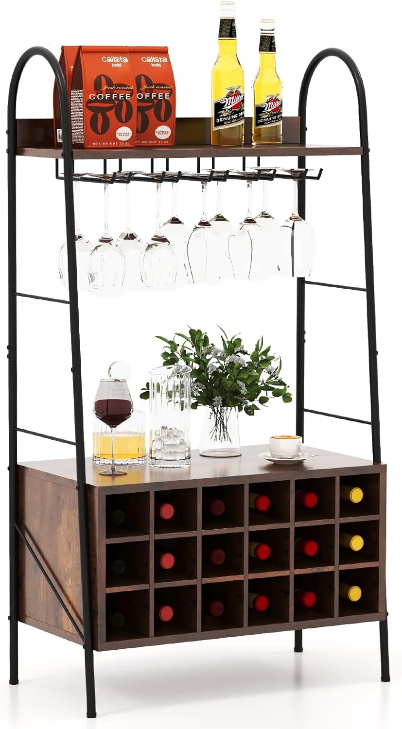 Regał Kuchenny z Metalową Ramą na 18 Butelek i 15 Szklanek – 2 Regały – Zabezpieczenie przed Przewróceniem – Kolor Brązowy Rustykalny