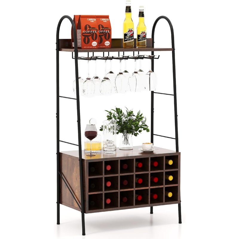 Regał Kuchenny z Metalową Ramą na 18 Butelek i 15 Szklanek – 2 Regały – Zabezpieczenie przed Przewróceniem – Kolor Brązowy Rustykalny