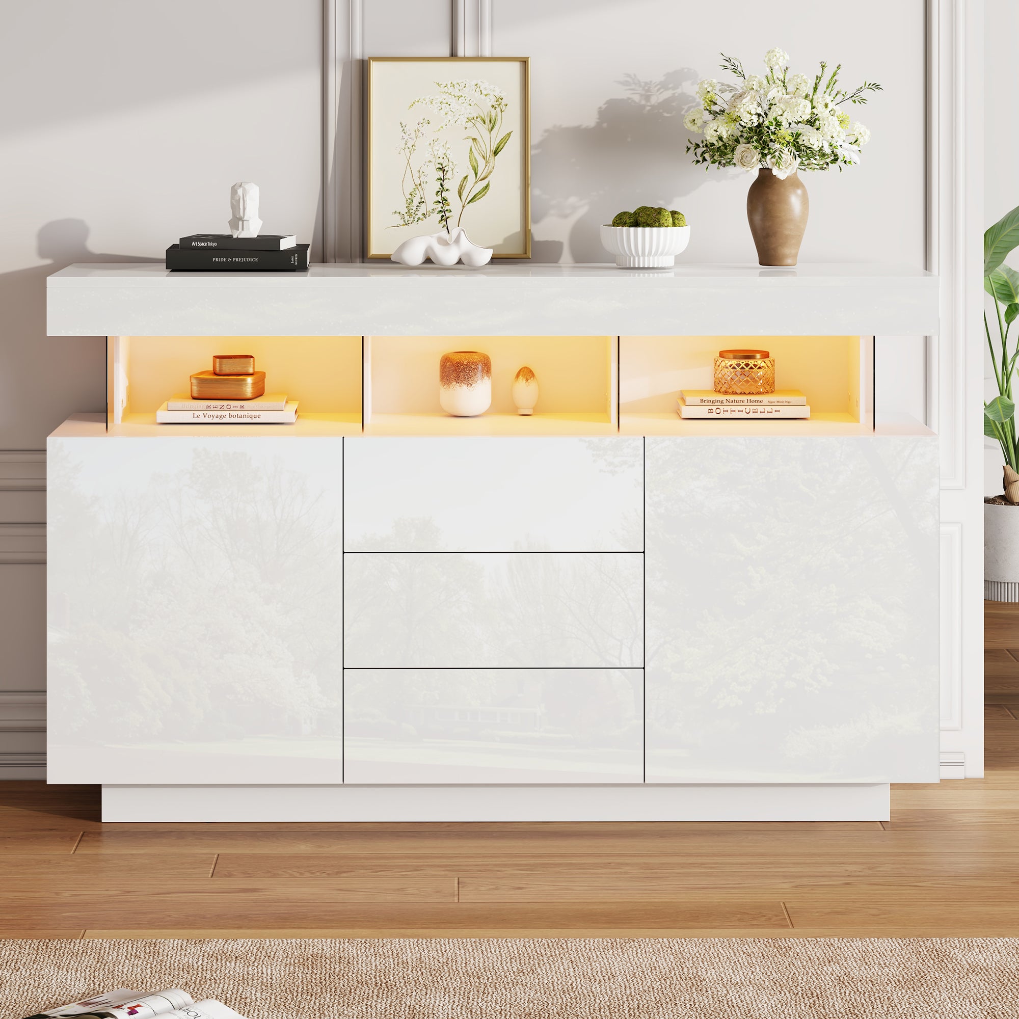 Credenza bassa moderna con 2 ante e 3 cassetti - 140 x 35 x 80 cm - LED - Pannello truciolare e acrilico - Bianco lucido - 4