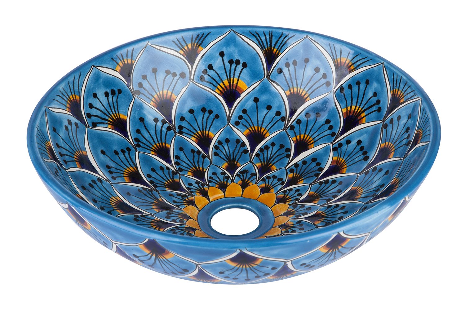 Meksykańska ceramiczna umywalka Azura Chico – okrągła umywalka łazienkowa nablatowa 36 x 13 cm | Ręcznie wykonana umywalka z motywami Talavera