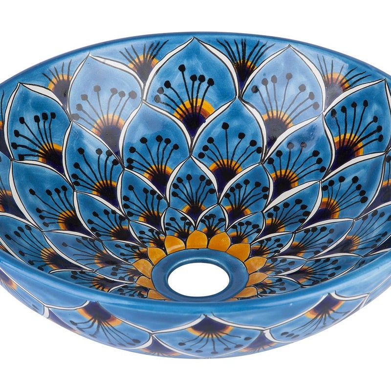 Meksykańska ceramiczna umywalka Azura Chico – okrągła umywalka łazienkowa nablatowa 36 x 13 cm | Ręcznie wykonana umywalka z motywami Talavera