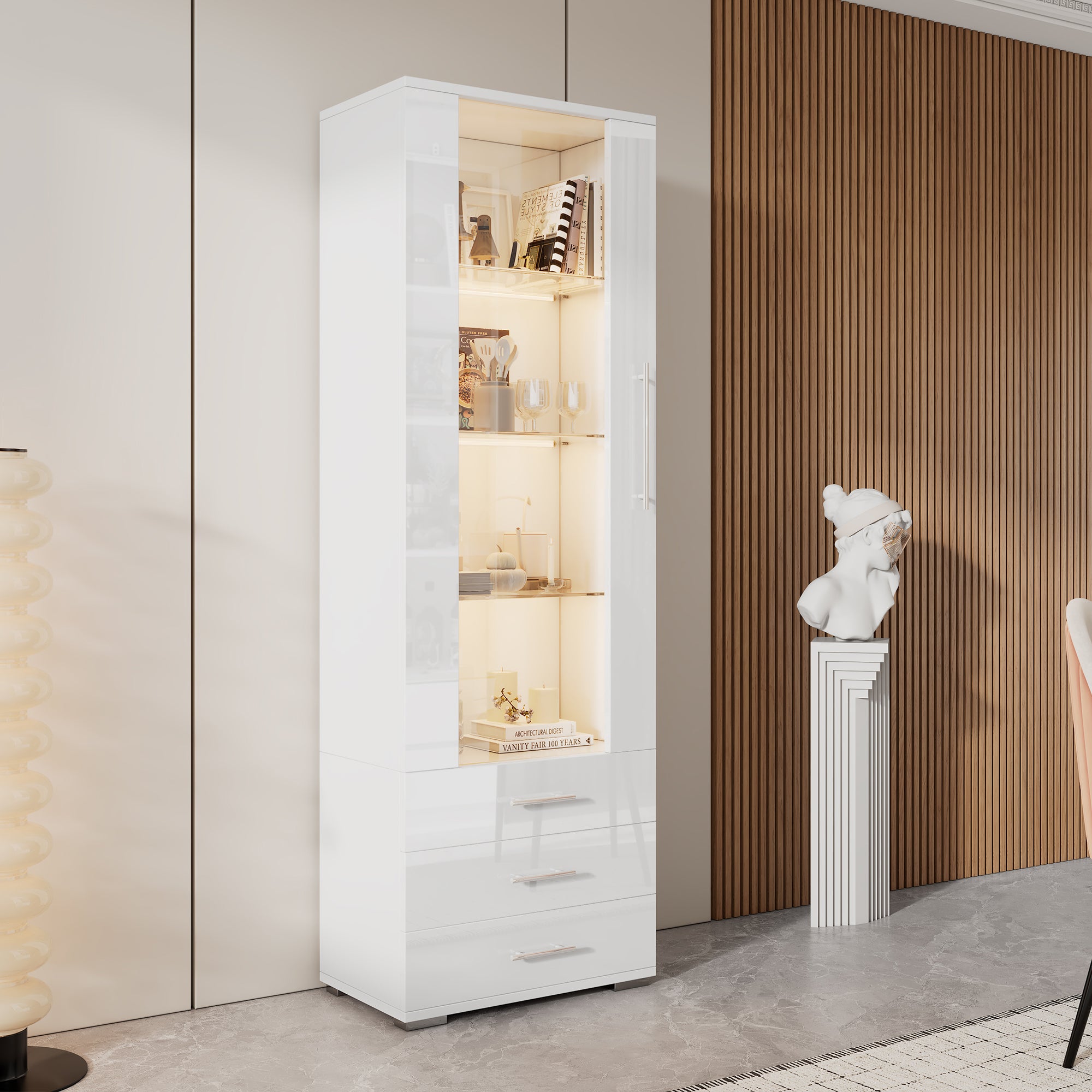 Witryna z 1 drzwiami szklanymi i 3 szufladami, kredens - 60 x 35 x 180 cm - drewno MDF - połyskująca biel