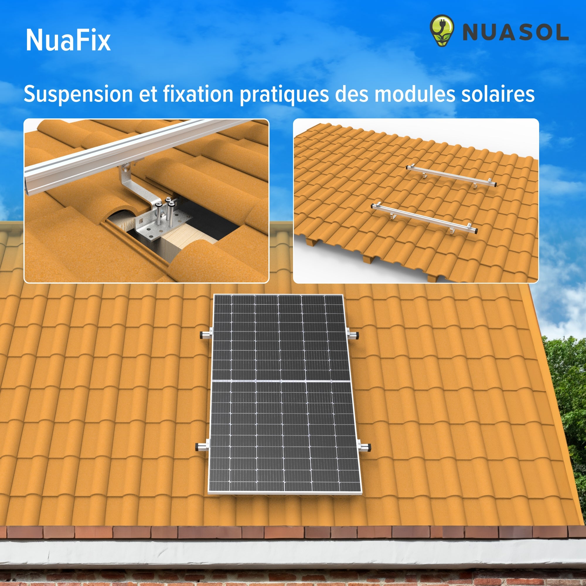 NUASOL Kit de montage photovoltaïque PV pour toit de tuile, crochets de toit, avec profilé solaire en aluminium, embouts de 35 mm - 10
