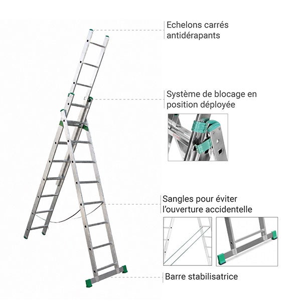 Echelle transformable 3 plans 3x10 barreaux - Longueur max. 6.26m - Sol plat - 7810 - 3