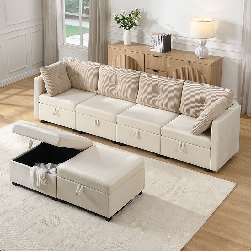Canapé 6 places en forme de U - avec rangement - convertible multifonctionnel - velours + velours côtelé - beige - 4