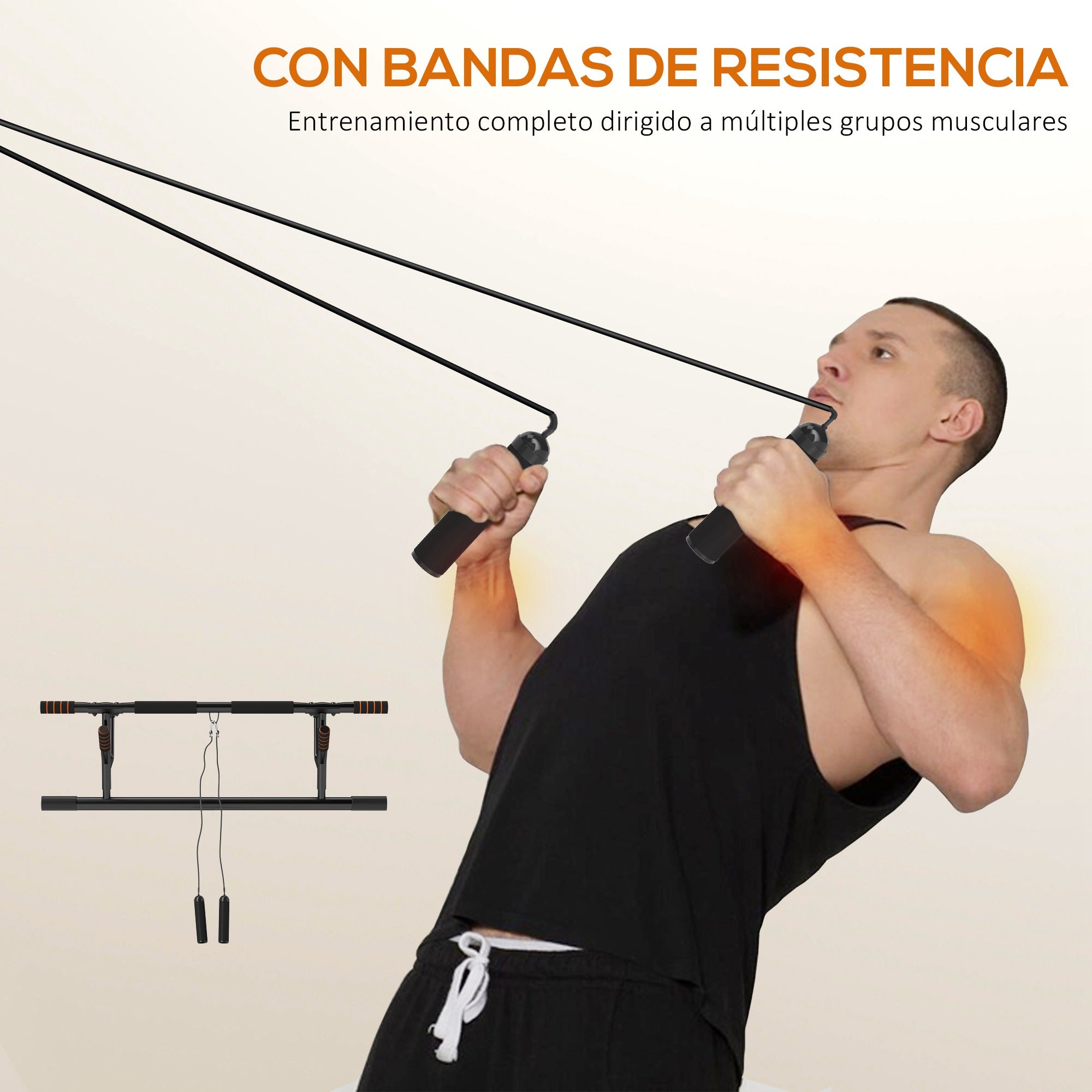 Barra fixa parede com faixas resistência, carga 150 kg, preto/laranja, exercício. - 8