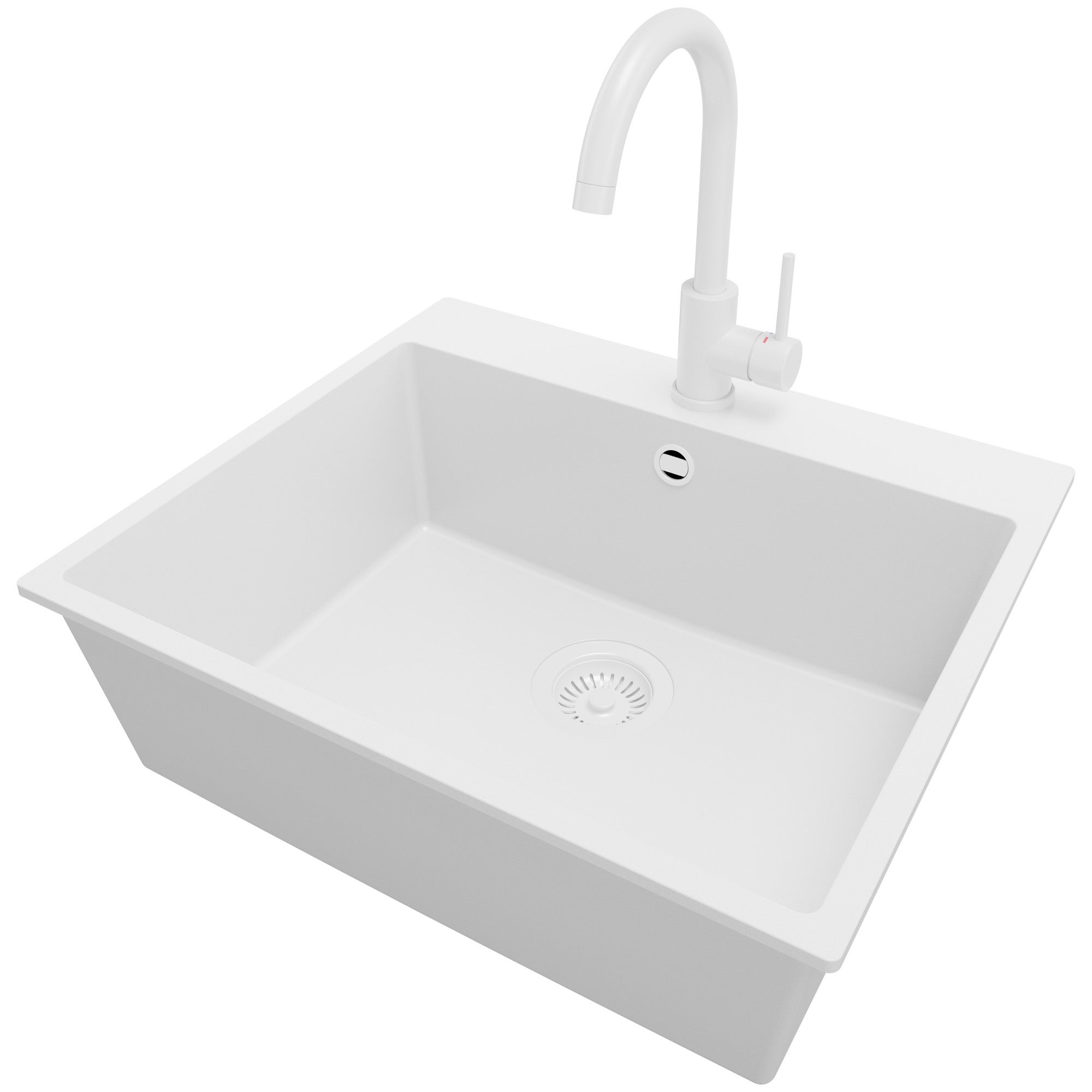 Zlewozmywak Granitowy Cały Biały 58x50cm, Zlew Kuchenny 1 Komorowy + Bateria 32x20cm + Syfon, Nablatowy do szafki od 60cm - Ryga PRIMAGRAN