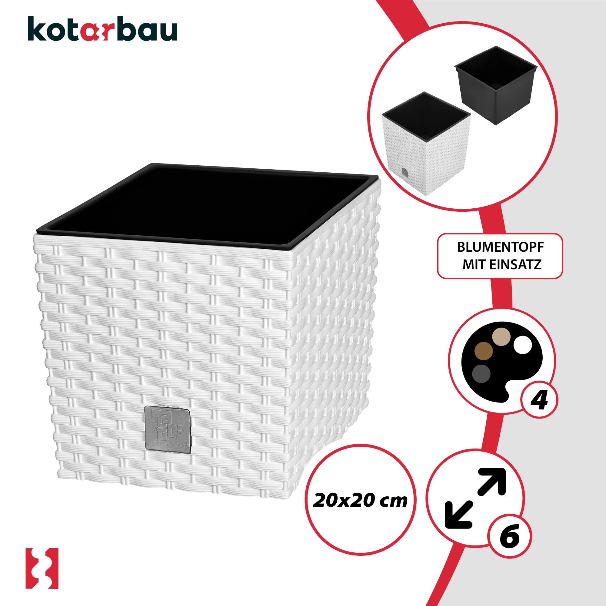 Lot de 2 Pots de Fleurs de 6,8 L - Hauteur : 20 cm - En Plastique - Avec Pot Intérieur - Pour l'Intérieur et l'Extérieur - Blanc - KOTARBAU - 5