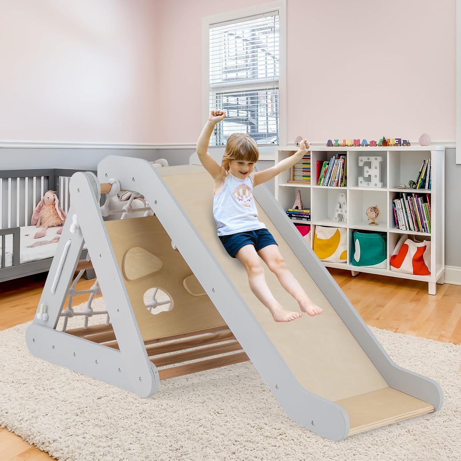 Triangle d’Escalade Montessori Enfants avec Filet à Grimper, Planche et Échelle,Pierres avec Toboggan,Aire de Jeux Intérieur pour Bébé 1 an+(Gris) - 9
